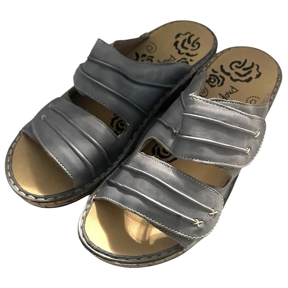 Propet Slide Bluish Gray Leather Flat Casual Comfort Wedge Sandals 10 X NEW